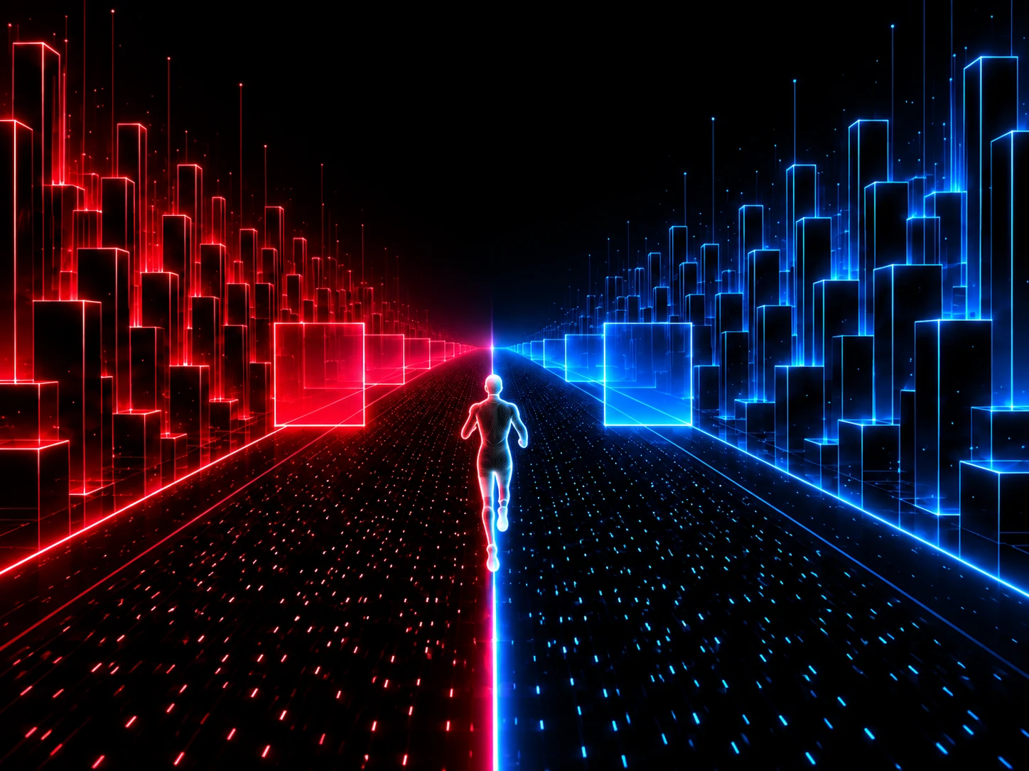 A runner between red and blue neon worlds. Studio promotional illustration.