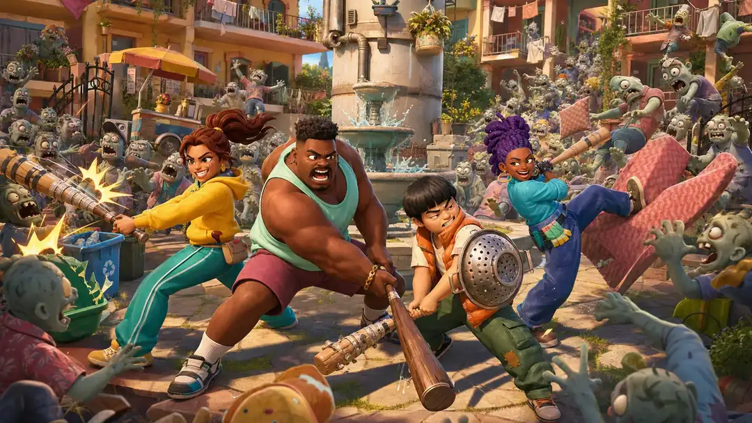 Mismatched roommates defend a lively apartment courtyard from goofy cartoon trouble