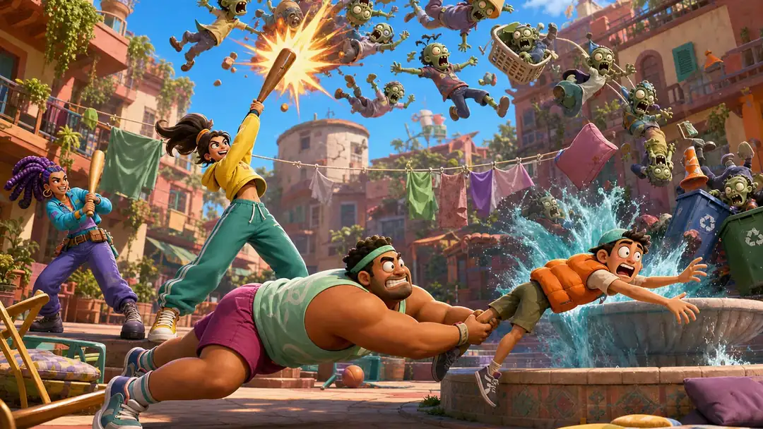 A huge slapstick impact sends cartoon trouble flying across the courtyard
