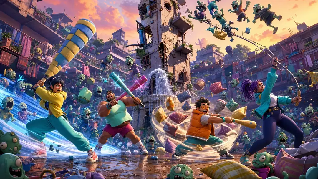 The roommates rally around the battered courtyard tower at dawn
