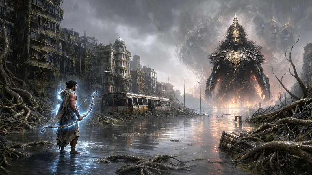 A lone seeker faces a colossal figure across a flooded boulevard
