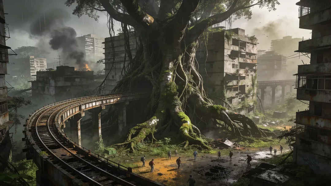 A banyan tree overtakes an abandoned district and dead railway