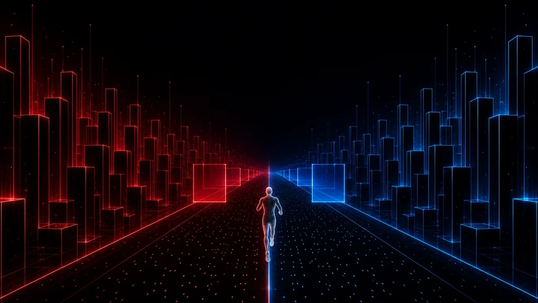 A lone runner on the threshold between red and blue digital worlds