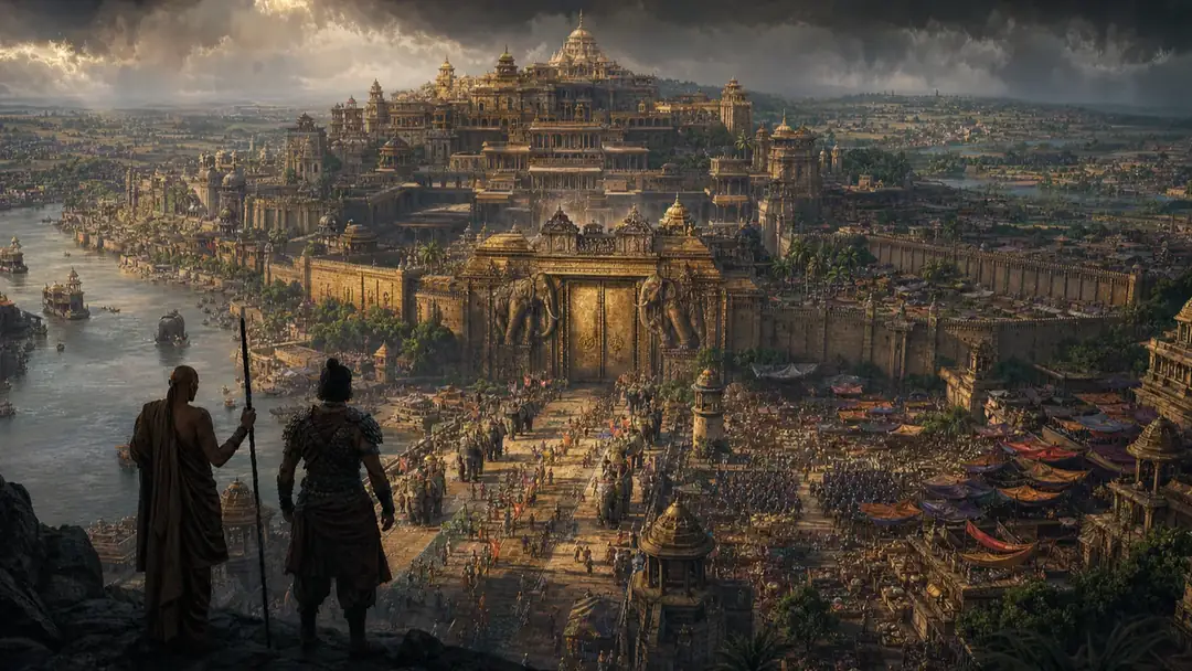 A vast prosperous ancient capital, crowned by a golden acropolis