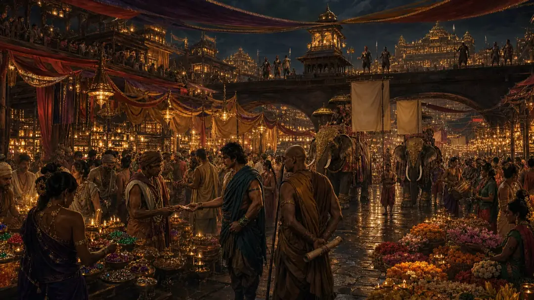 A lavish night bazaar beneath silk canopies