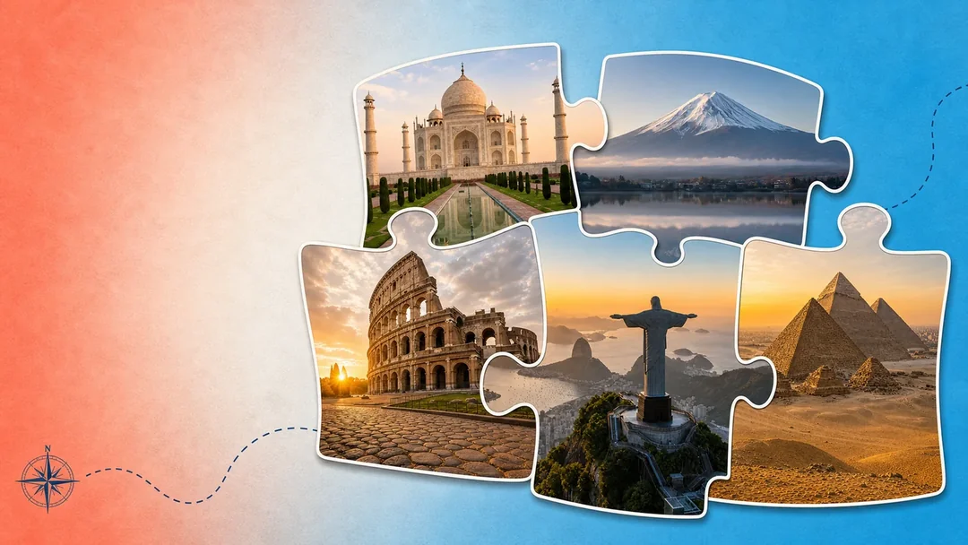 World landmarks arranged as connected jigsaw pieces on a travel map
