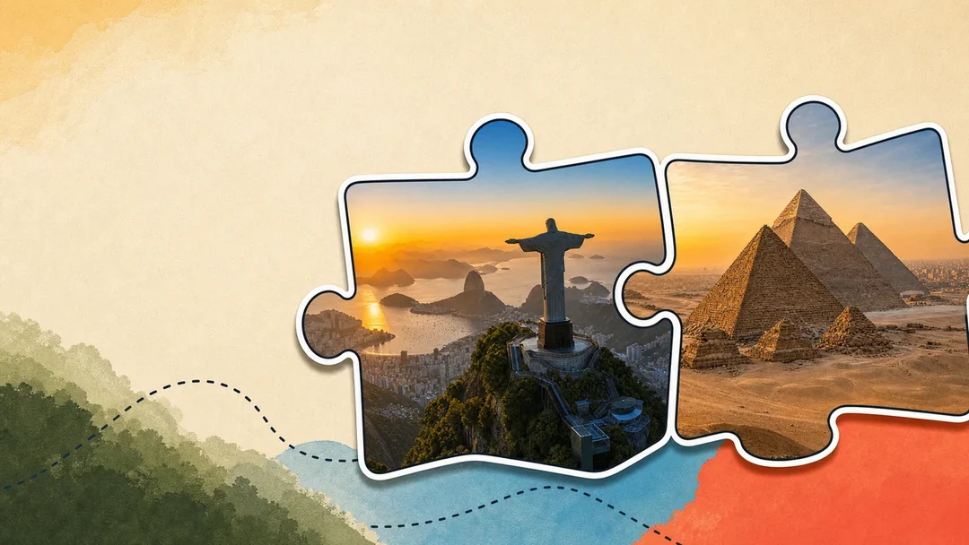 Christ the Redeemer and the pyramids of Giza inside adjoining jigsaw pieces