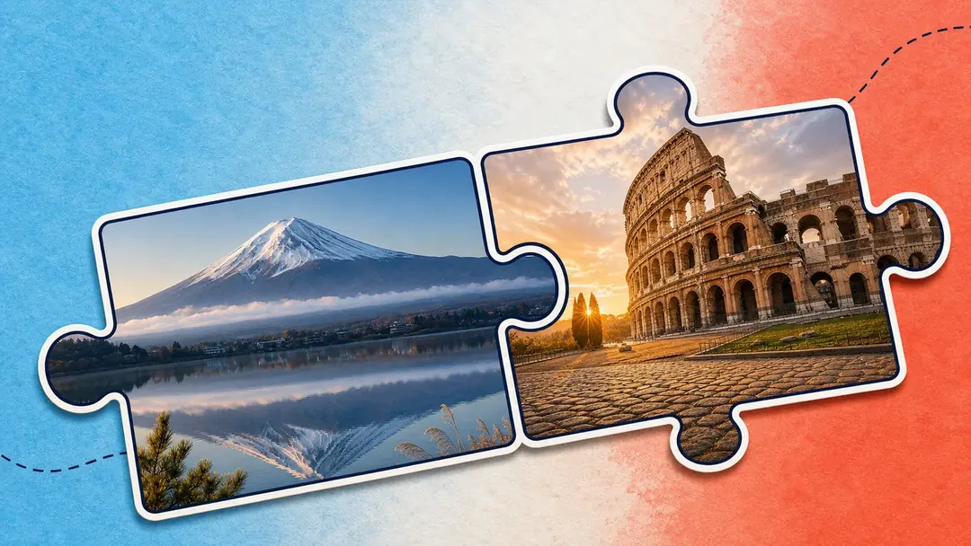 Mount Fuji and the Colosseum joined as two travel puzzle pieces