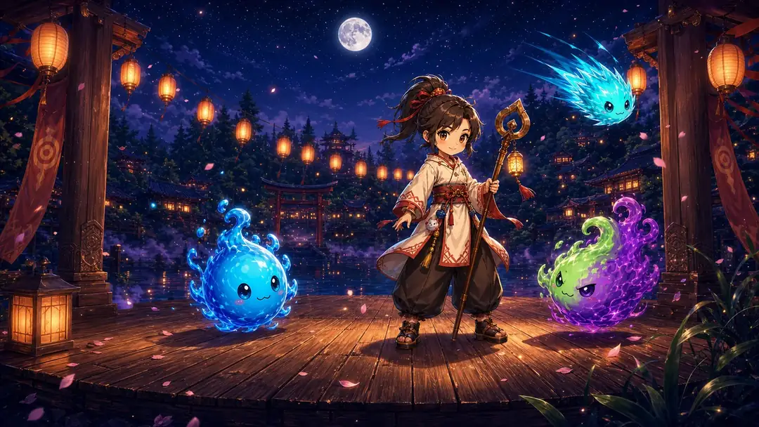 A traveller standing with glowing spirits under a moonlit festival sky
