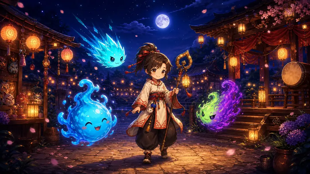 A traveller walking through the glowing festival at night