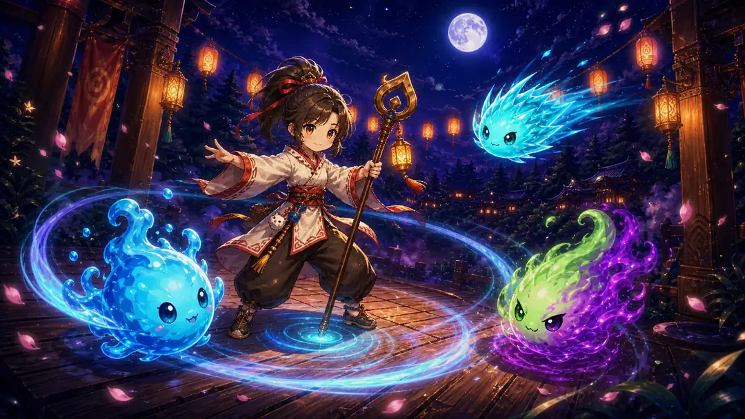 A traveller crossing the festival beside glowing spirits