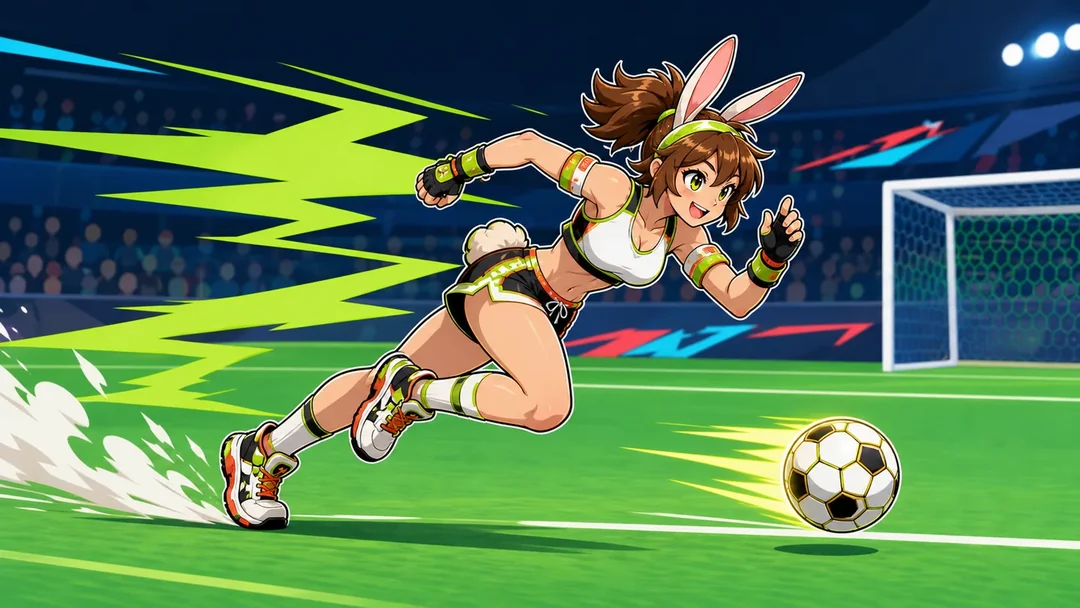 A player races after a glowing football on a vivid arena pitch