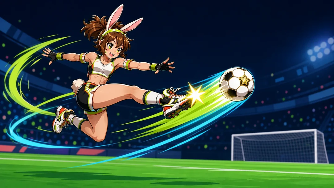 A player launches into an airborne kick above the pitch